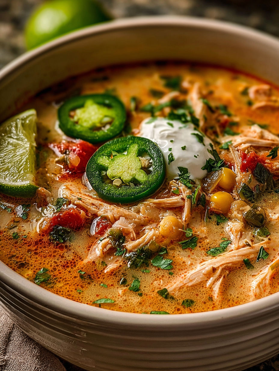 A bowl of Cajun White Chicken Chili with green peppers and white cheese.