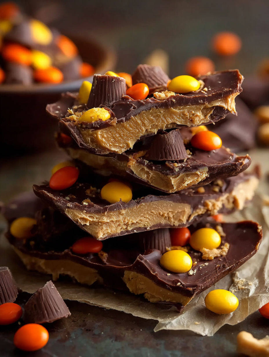 A stack of Reese's Peanut Butter Cup Bark.