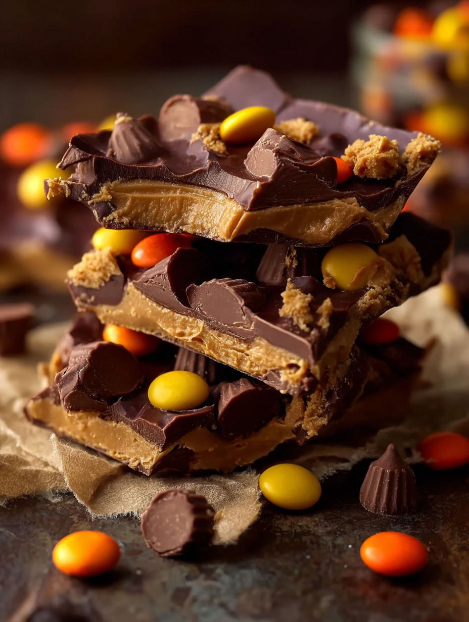A stack of Reese's Peanut Butter Cup Bark.