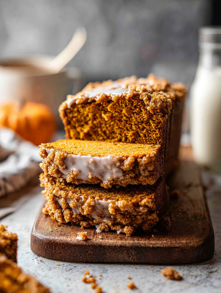 A slice of pumpkin bread with maple glaze.