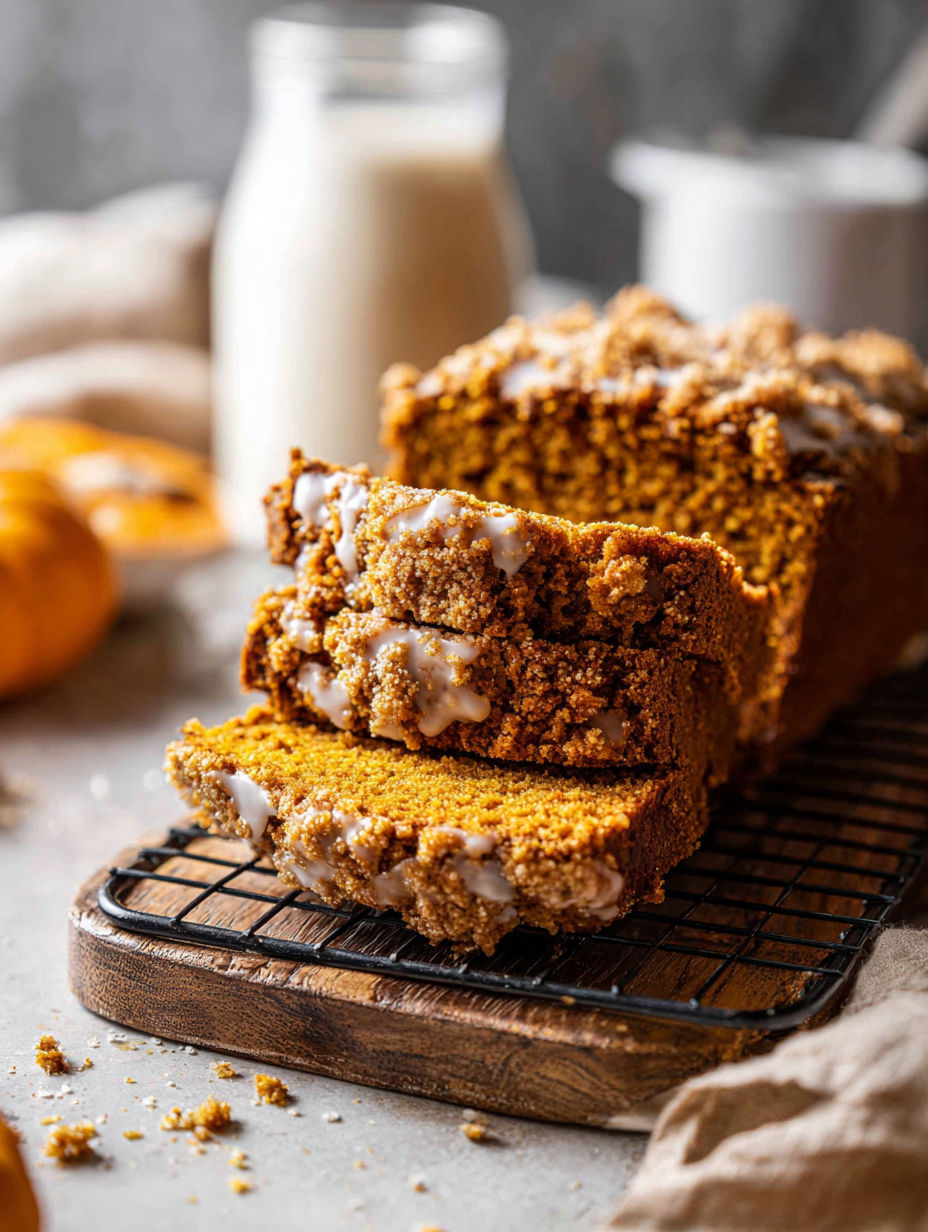 A slice of pumpkin bread with maple glaze.