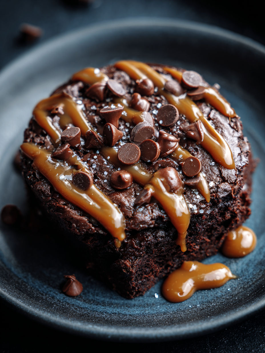 A two-minute protein brownie with caramel drizzle.