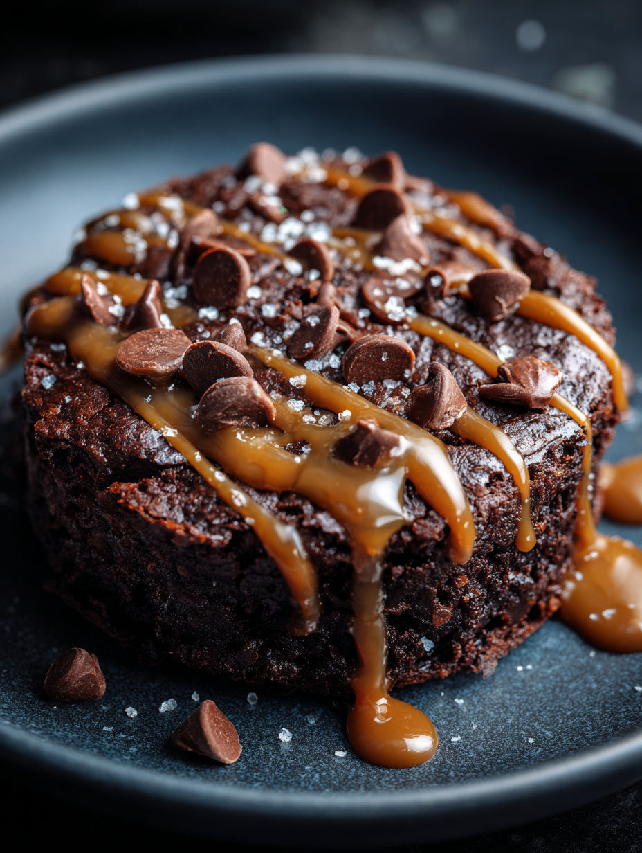 A two-minute protein brownie with caramel drizzle.