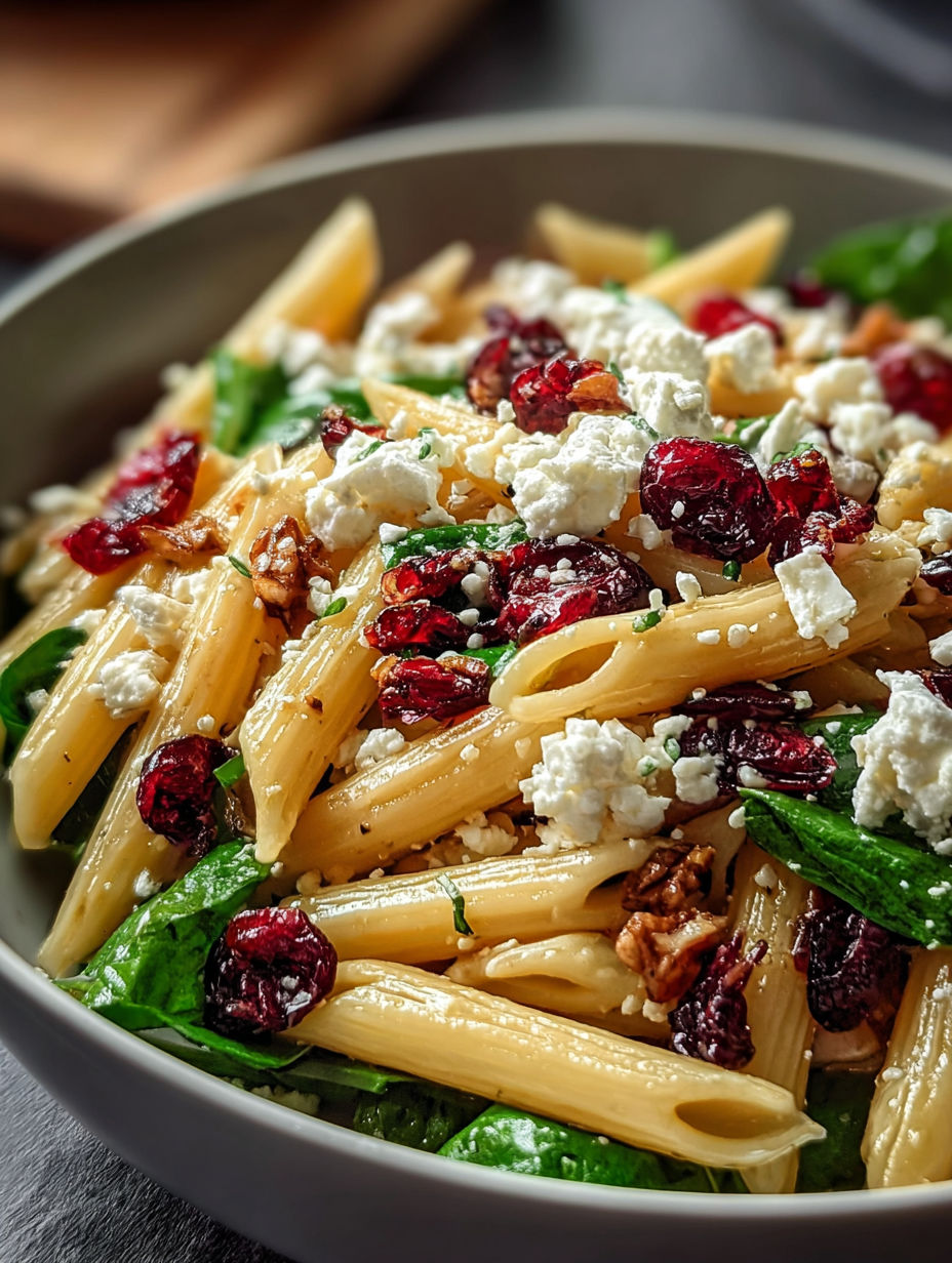 A bowl of pasta with feta cheese and cranberries.