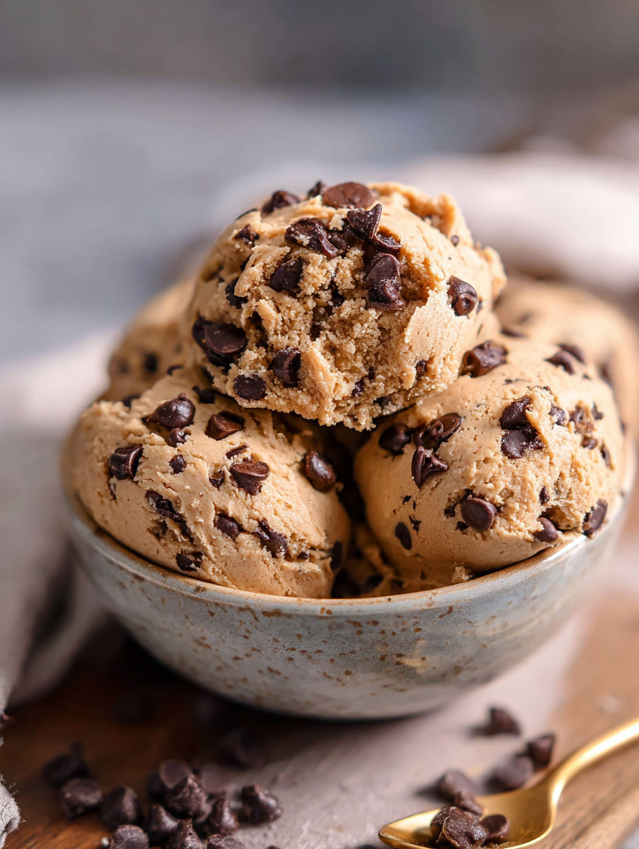 A bowl of chocolate chip cookie dough.
