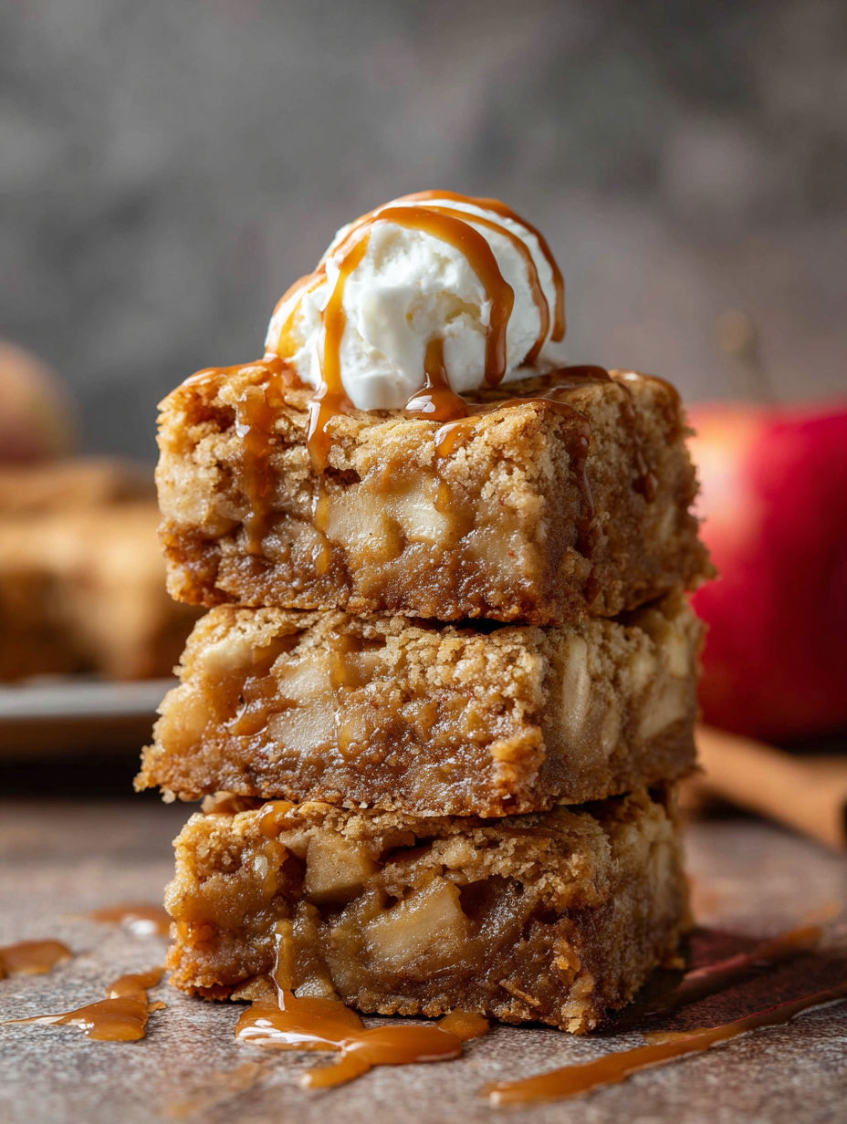 A stack of three apple blondies with caramel drizzle.