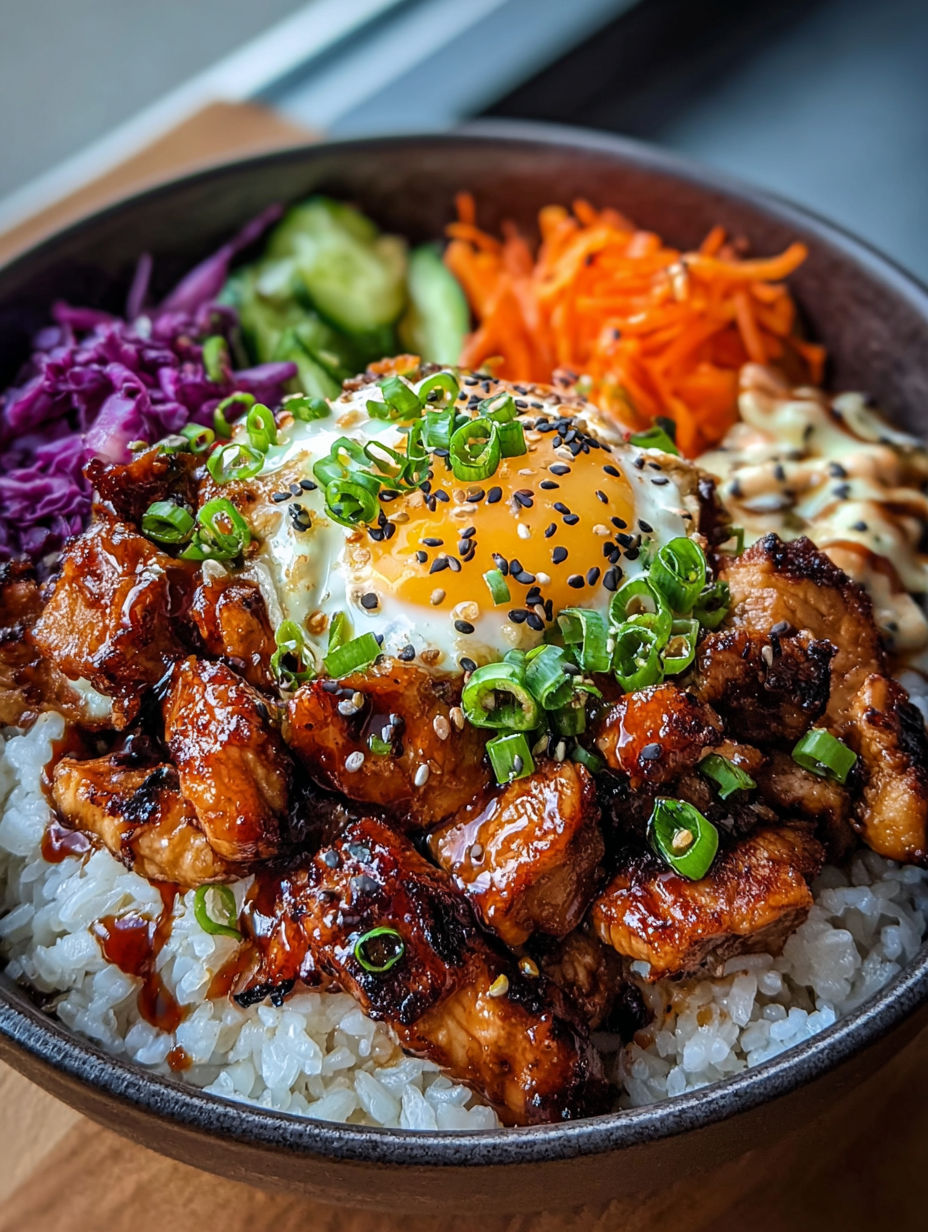 A bowl of Korean BBQ Chicken with Gochujang Cream Sauce.