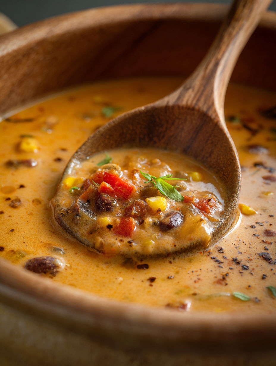 A wooden spoon in a bowl of soup.