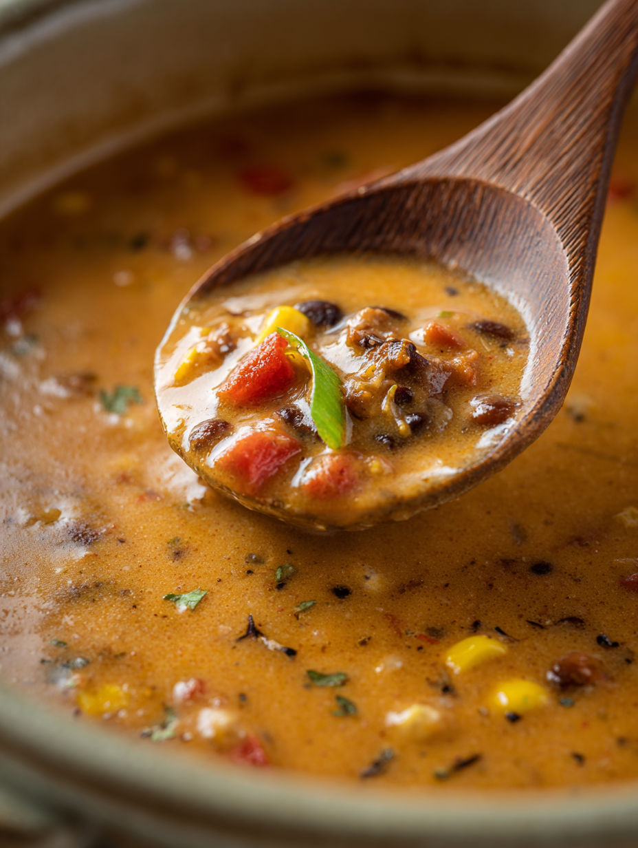 A wooden spoon in a bowl of soup.