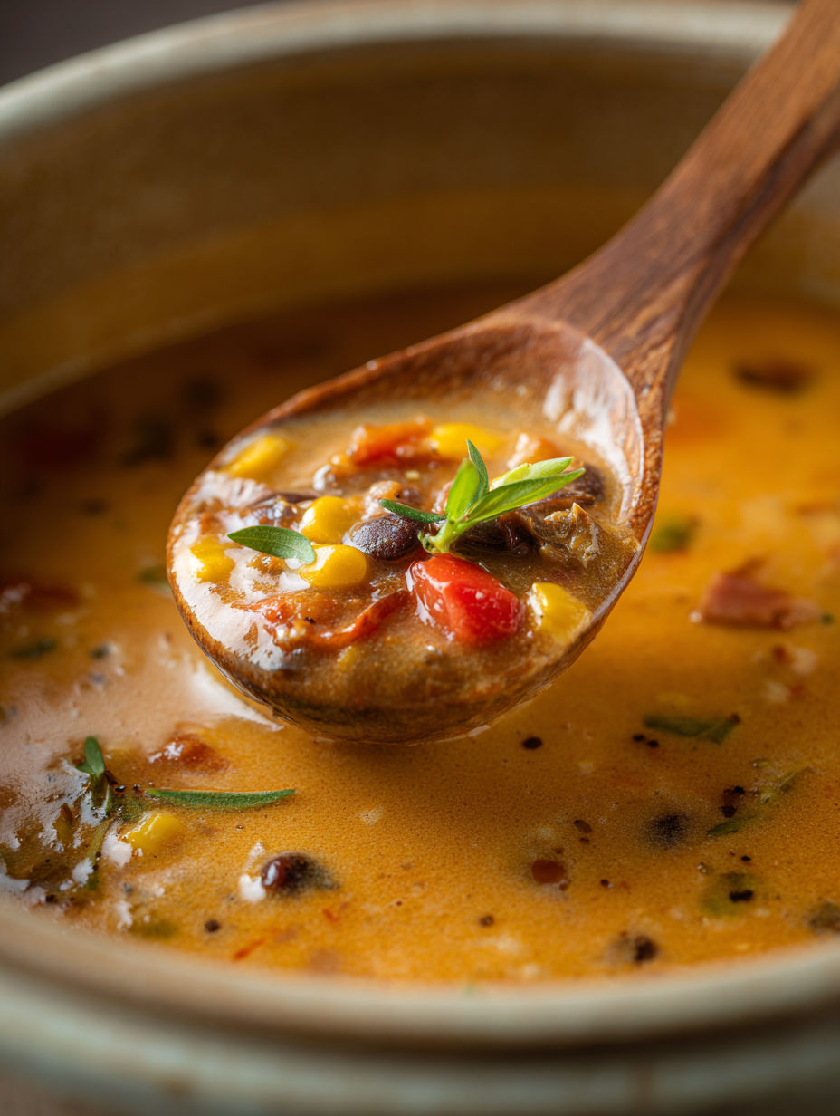 A wooden spoon is in a bowl of soup.
