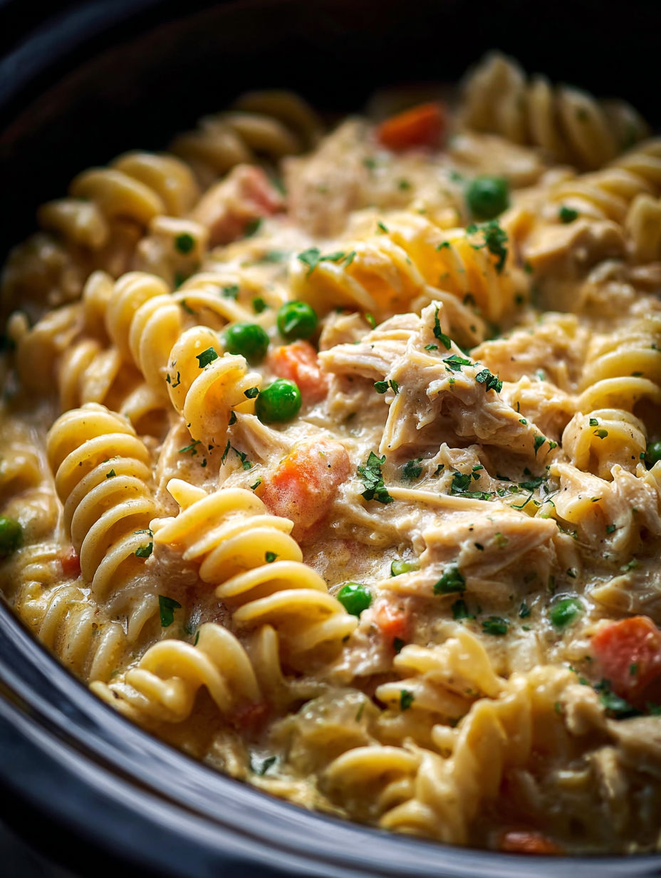 A bowl of pasta with chicken and peas.