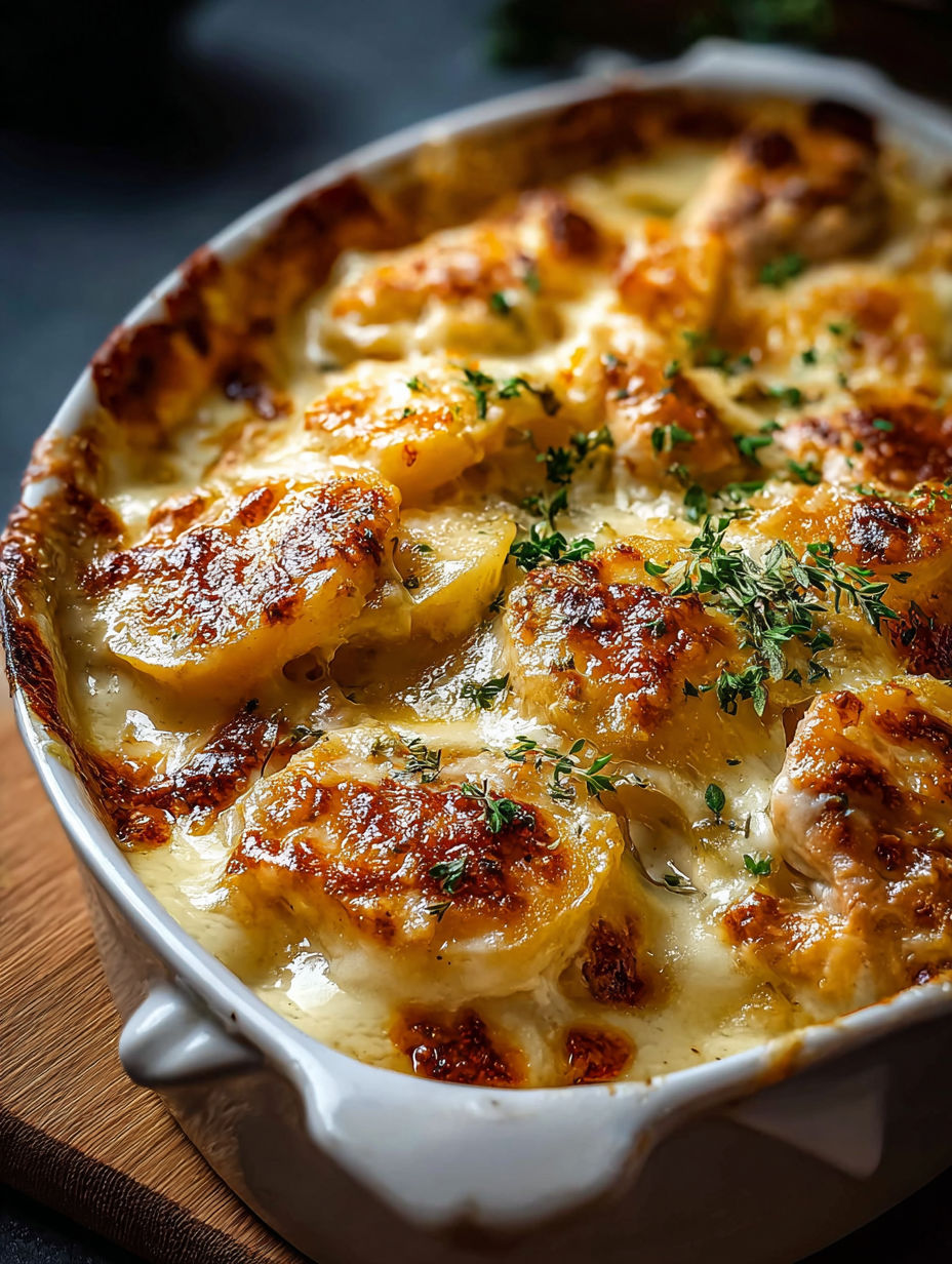 A creamy swiss chicken casserole with a white bowl.