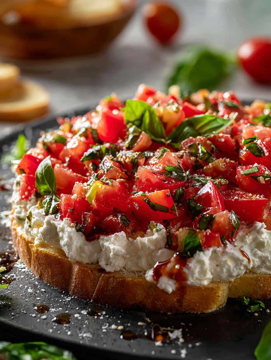 A close up of a bruschetta dip with tomatoes and basil.