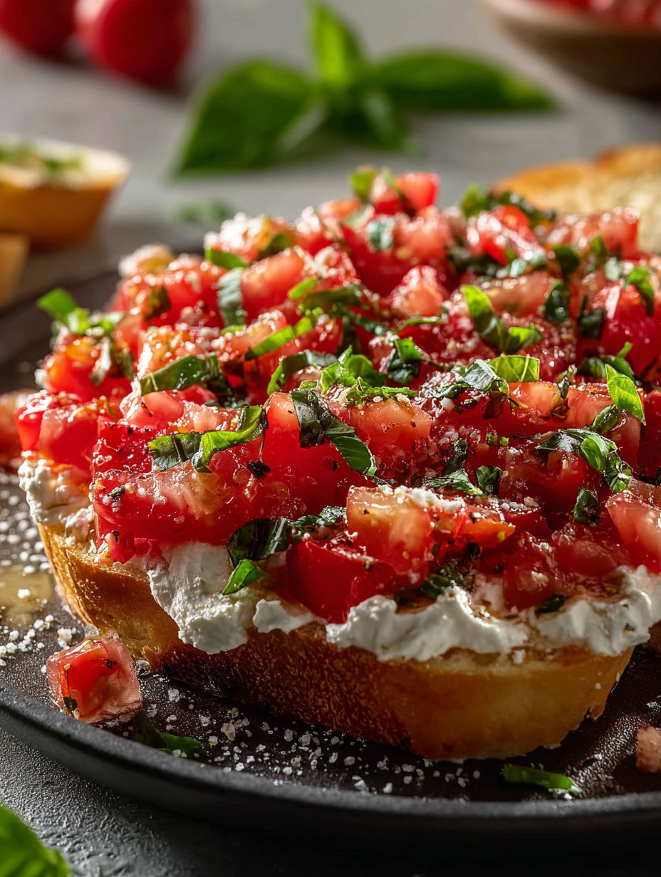 A close up of a bruschetta with tomatoes and cheese.