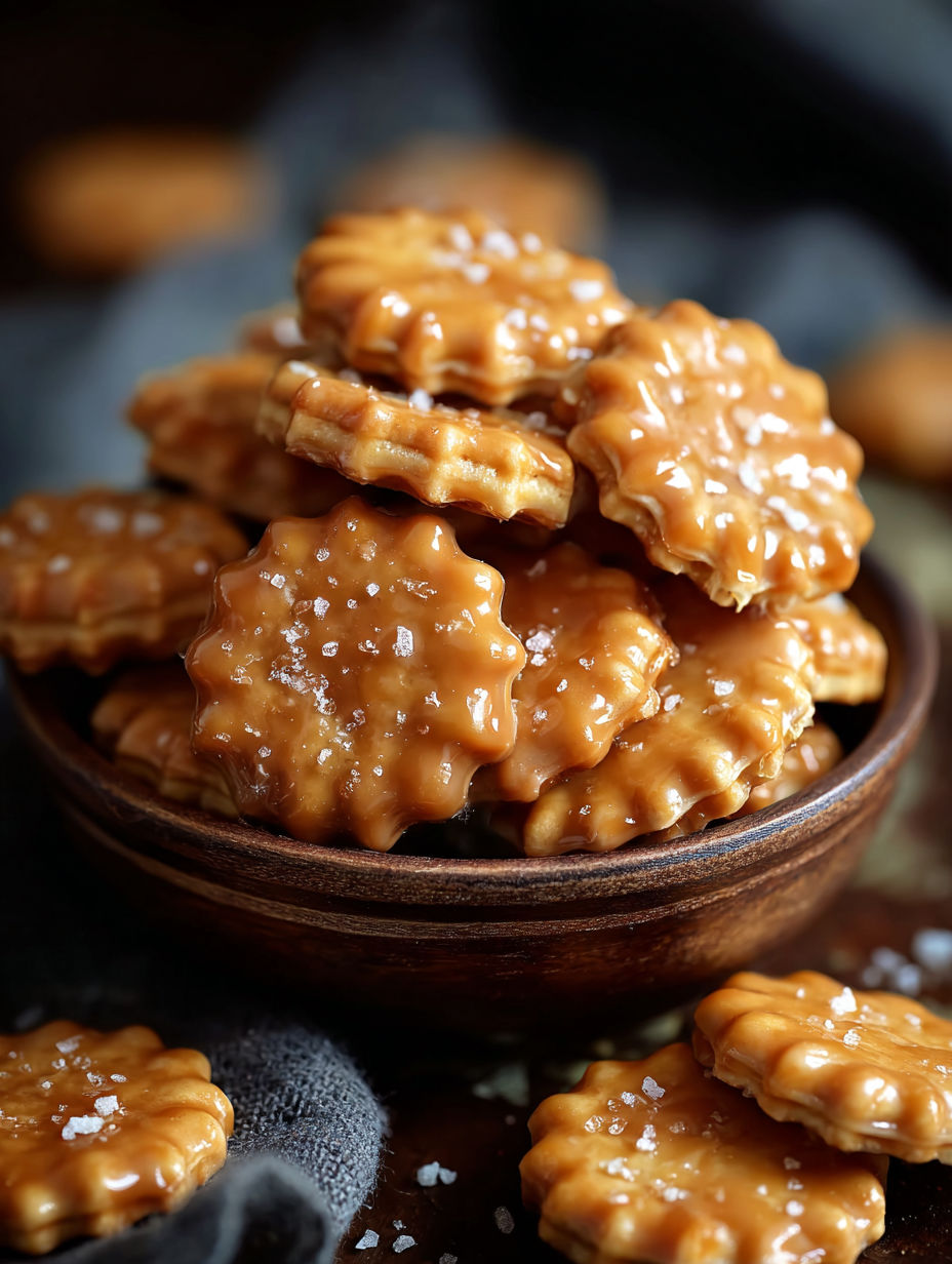 A bowl of caramel crackers.