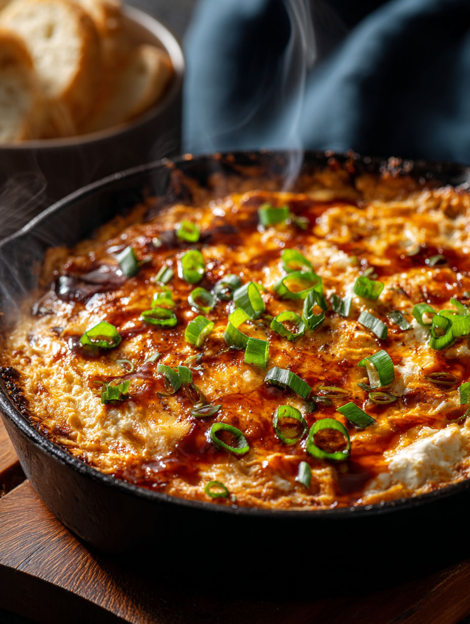 A close up of a delicious smokey BBQ chicken dip.
