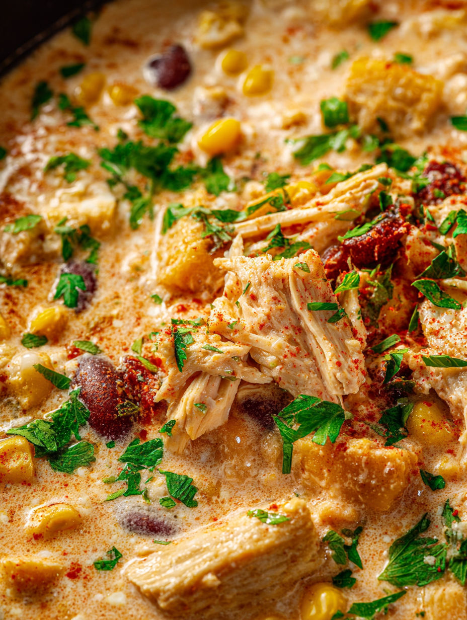 A close up of a bowl of chili with chicken and vegetables.