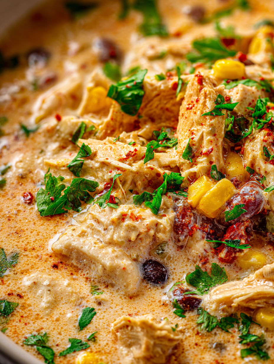 A close up of a crockpot filled with chicken chili.