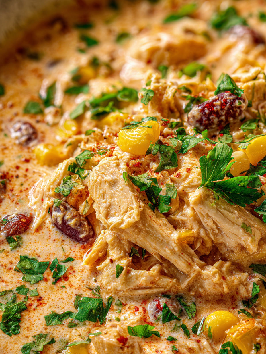 A close up of a crockpot filled with chicken chili.