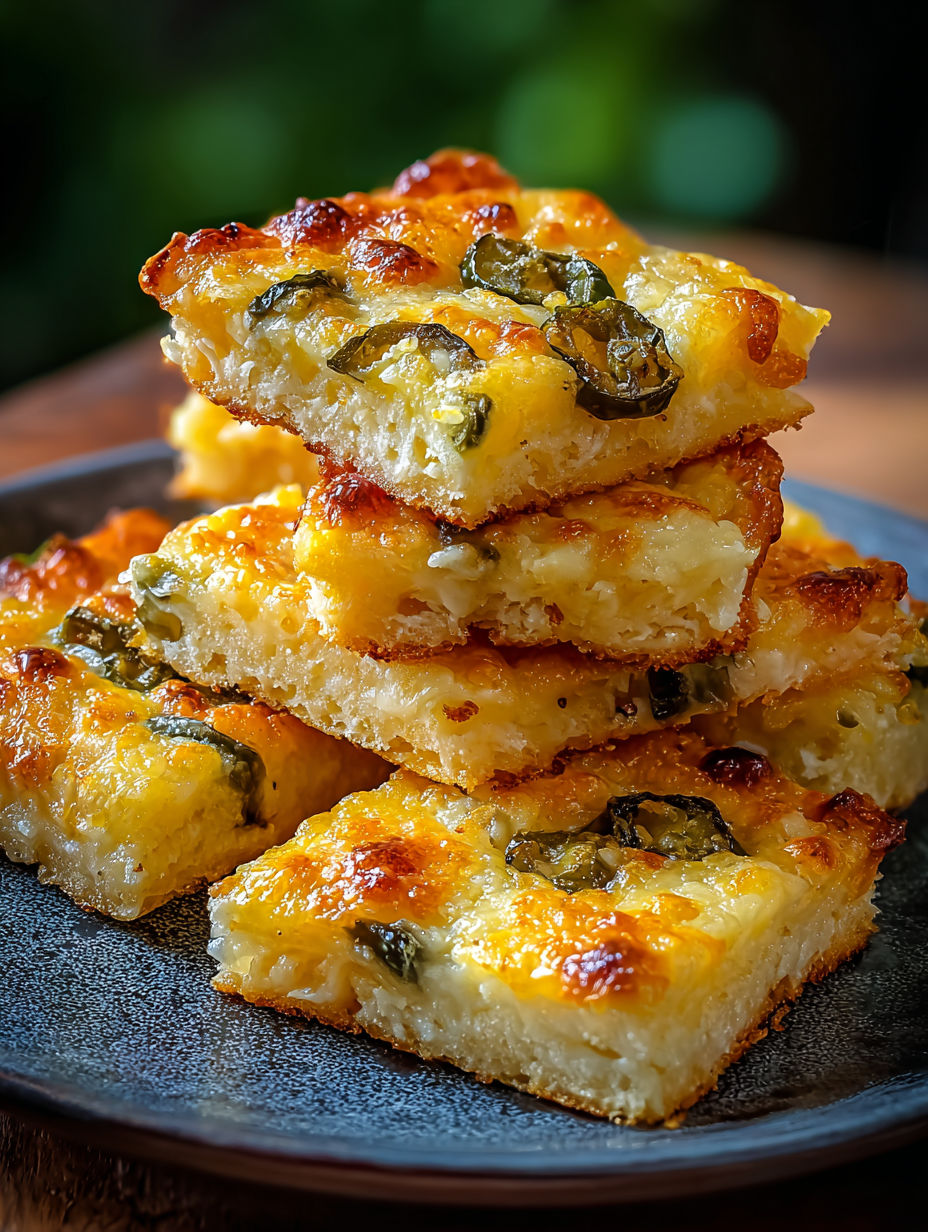Jalapeño cheese squares on a plate.