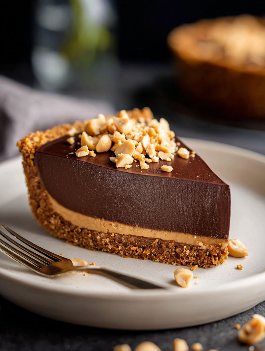 A slice of chocolate peanut butter pudding pie.