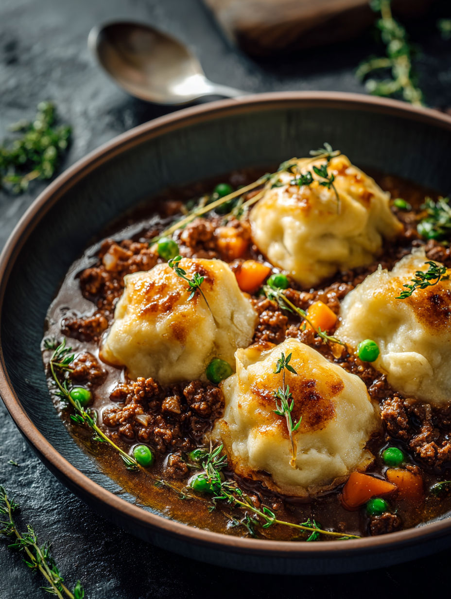 A bowl of ground beef and dumplings.