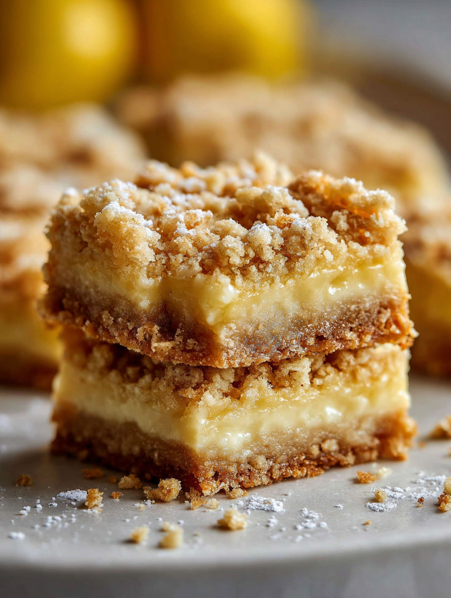 A close up of a lemon oatmeal crumble bar.