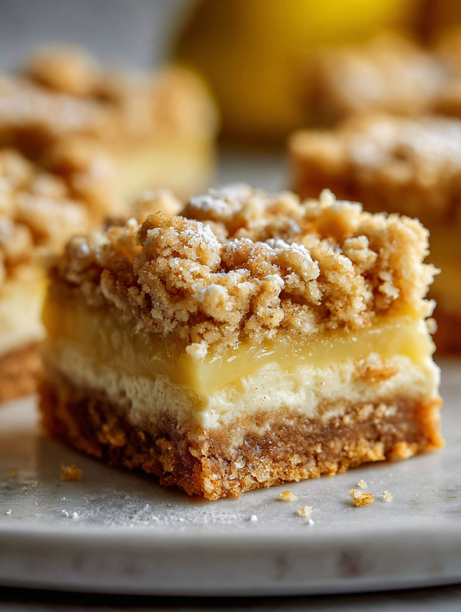 A close up of a piece of lemon oatmeal crumble bars.