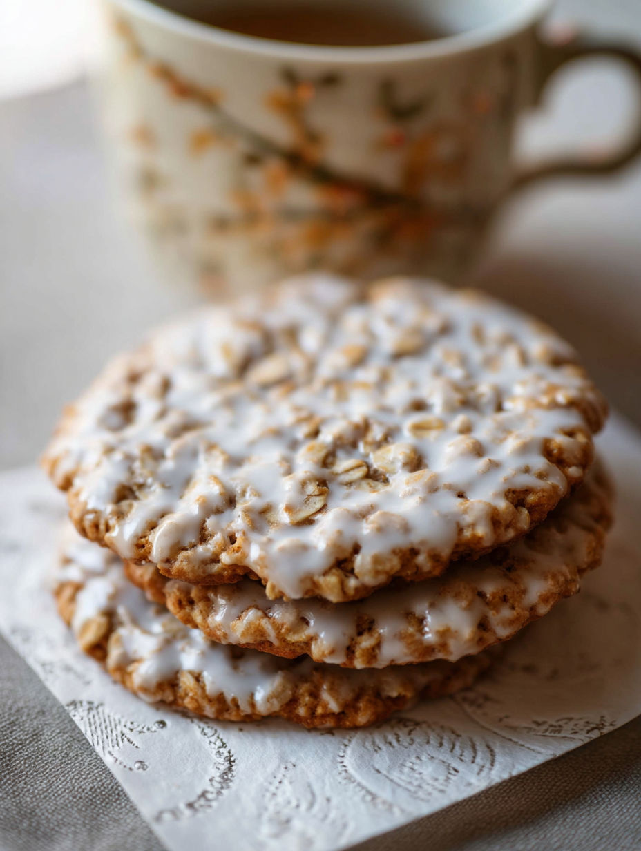A stack of iced oatmeal cookies.
