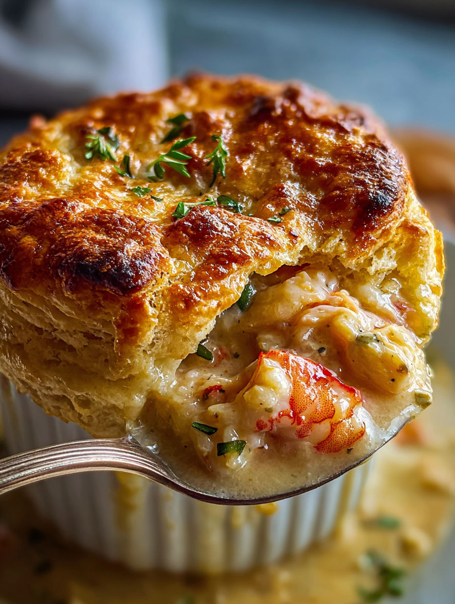 A close up of a Cheddar Bay Biscuit Seafood Pot Pie.