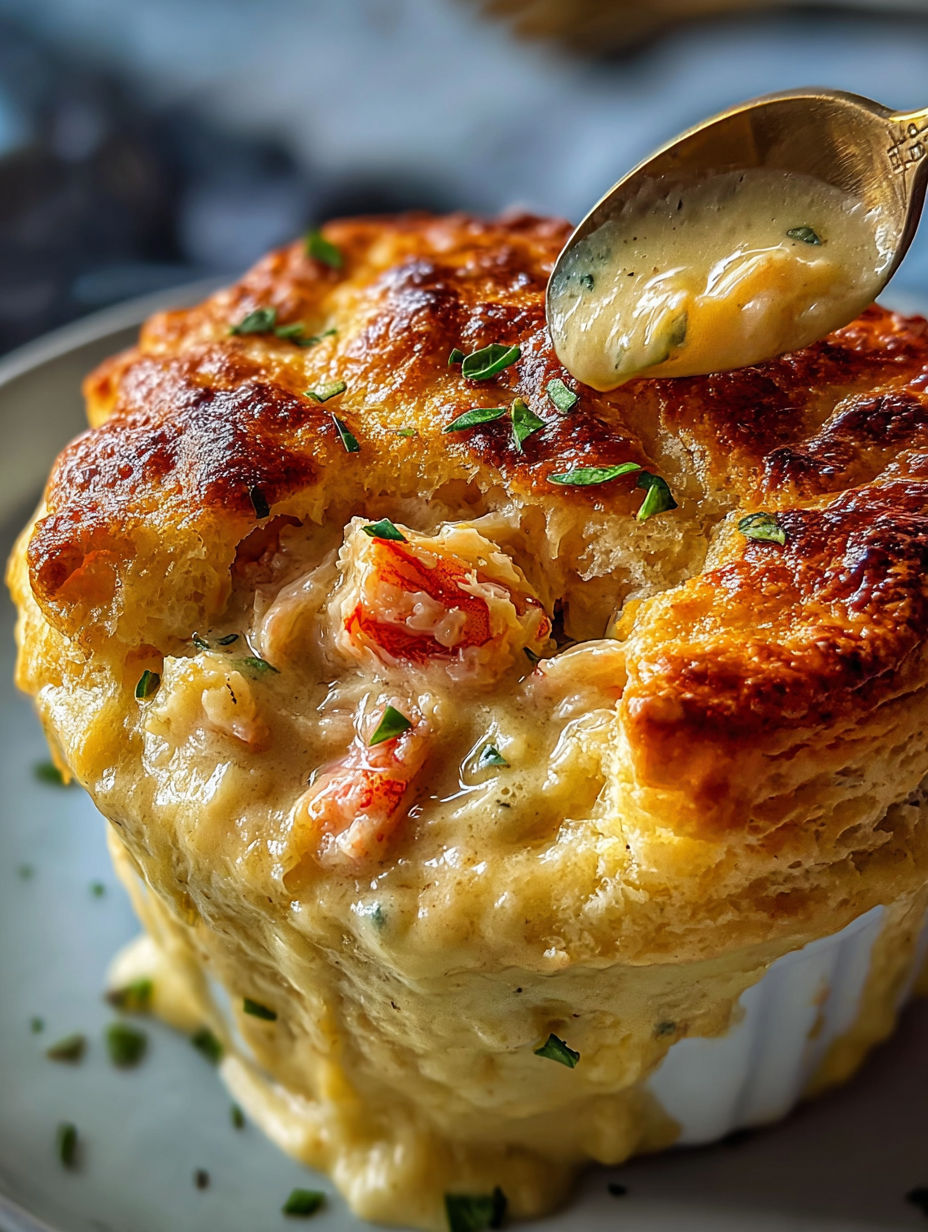 A close up of a Cheddar Bay Biscuit Seafood Pot Pie.