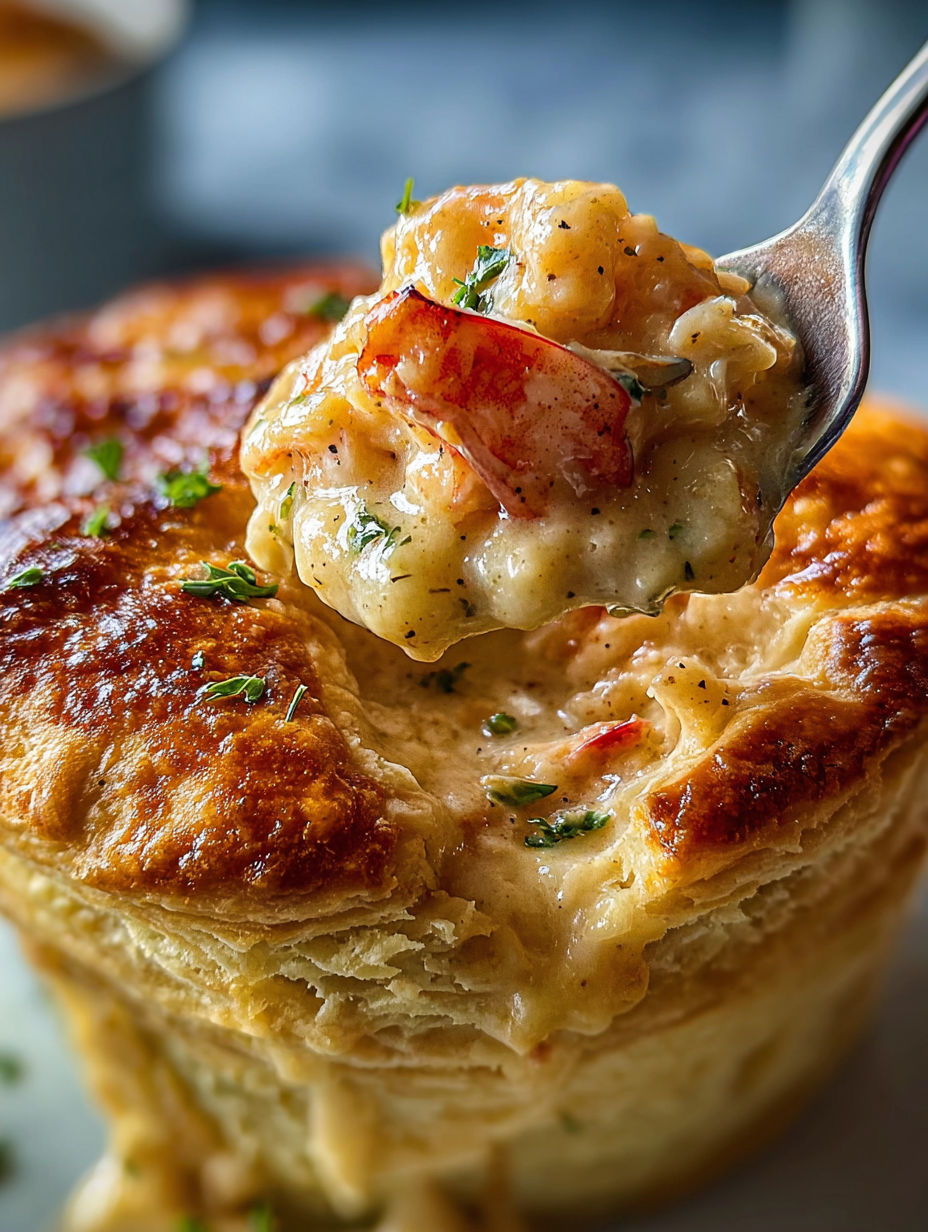A fork is being used to eat a Cheddar Bay Biscuit Seafood Pot Pie.