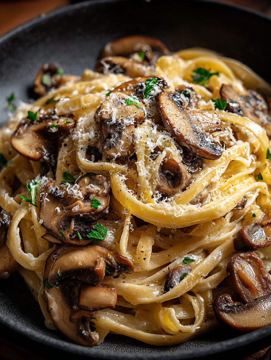 A plate of pasta with mushrooms and leeks.