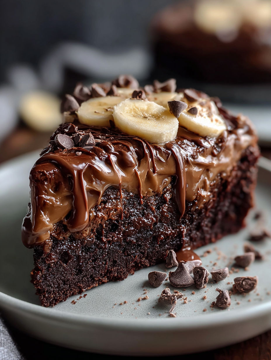 A slice of chocolate cake with bananas on top.