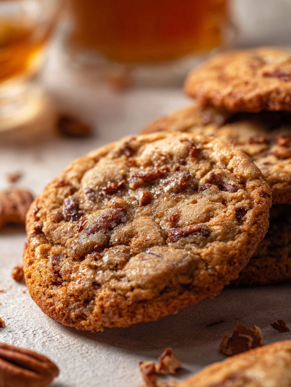 A close up of a bourbon toffee cookie.