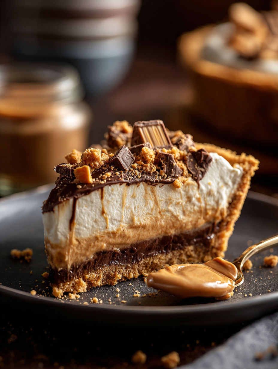 A slice of pie with peanut butter and chocolate.