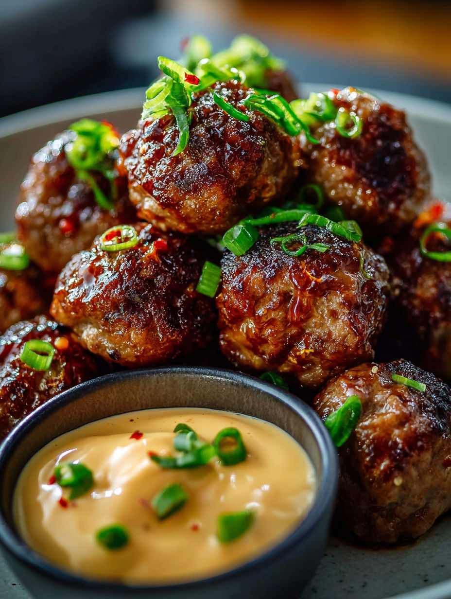 A plate of meatballs with a dipping sauce.