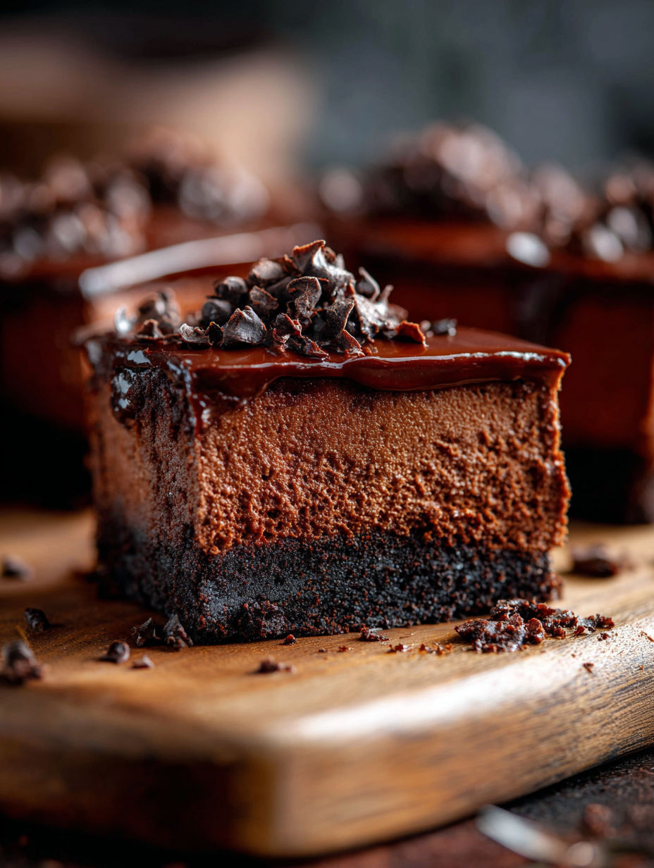 A slice of chocolate cheesecake bar.