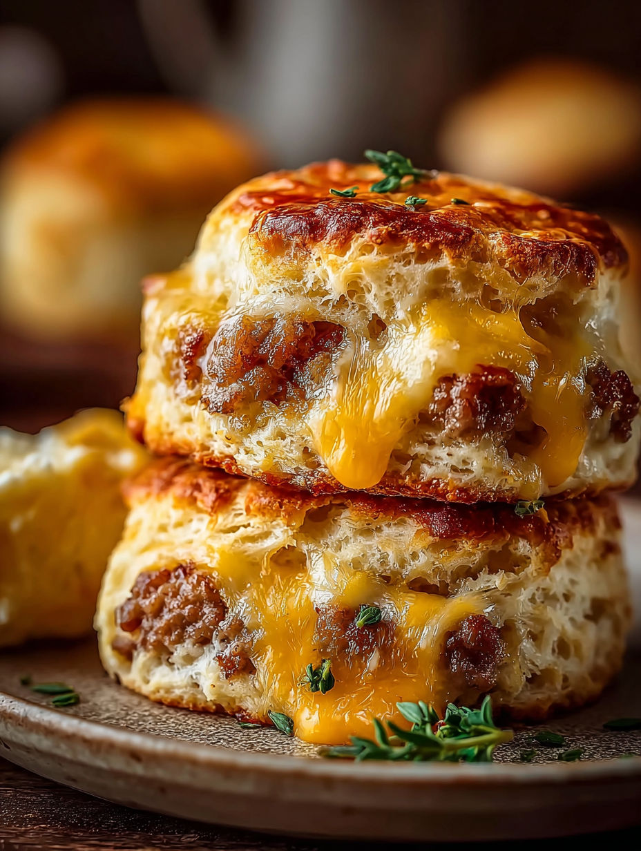 Sausage cheese biscuits stacked on a plate.