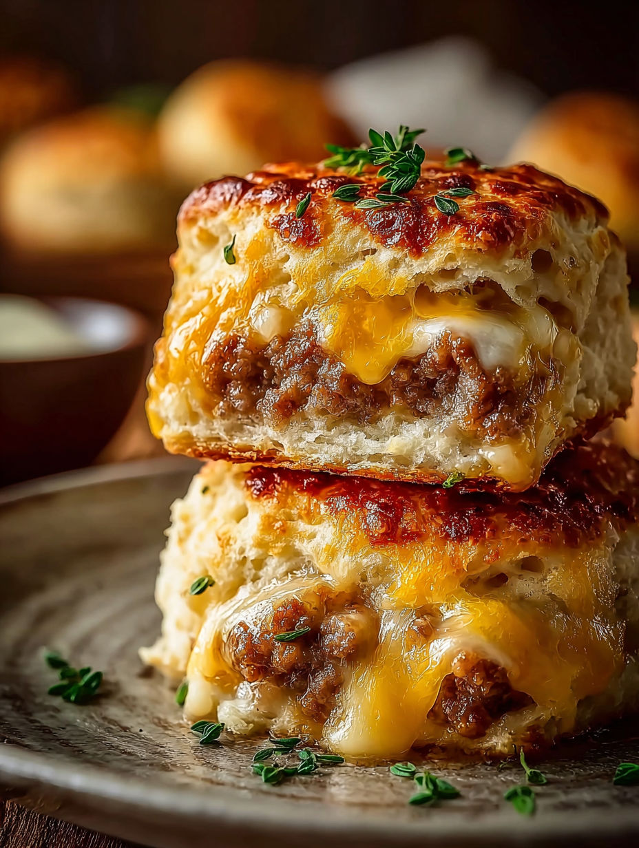Sausage cheese biscuits on a plate.