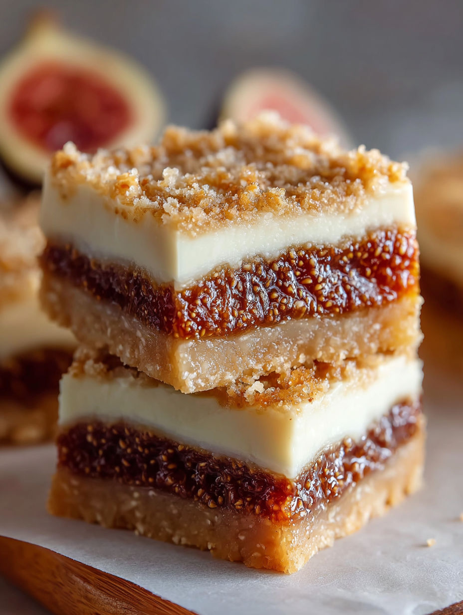 Three pieces of decadent fig and cream cheese bars.