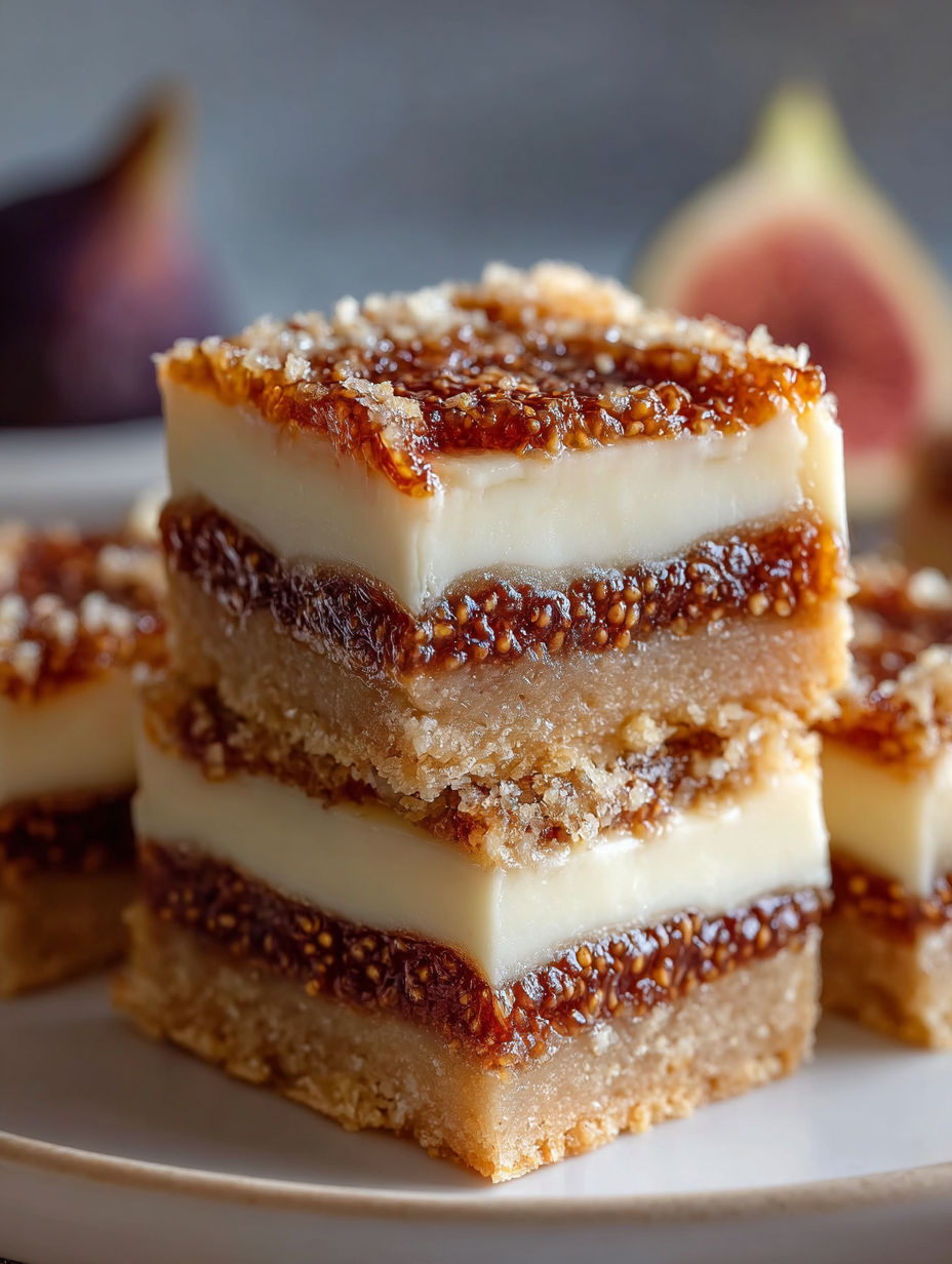 A stack of three bars of fig and cream cheese.