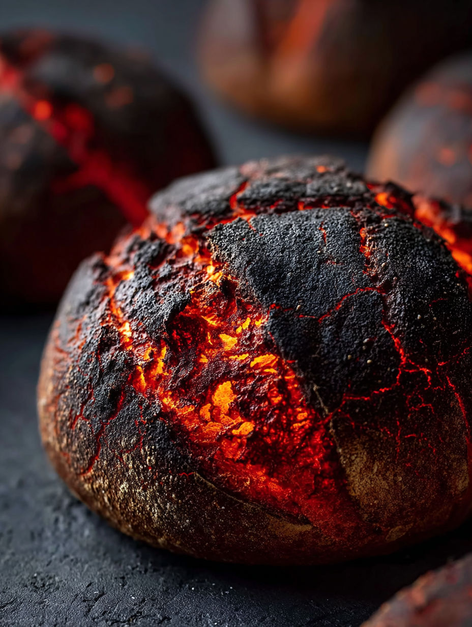A loaf of bread with a flame coming out of it.