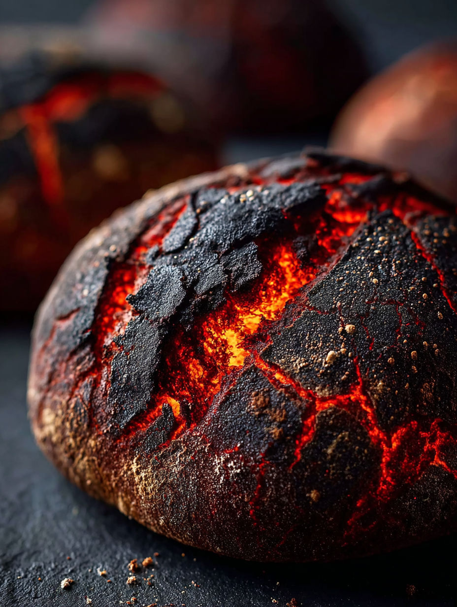 A piece of bread with a red glowing substance on it.