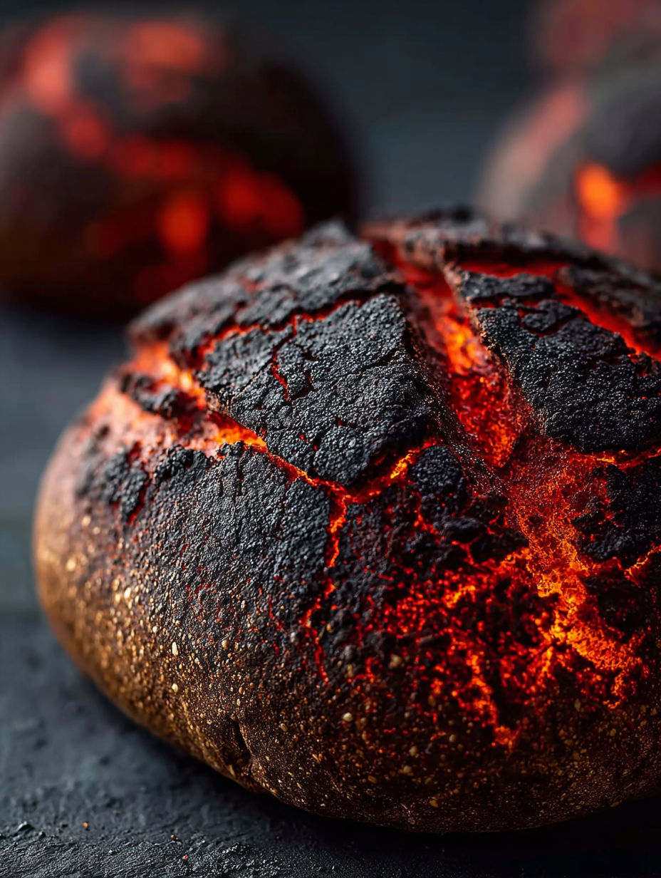 A piece of bread with a red glowing crust.