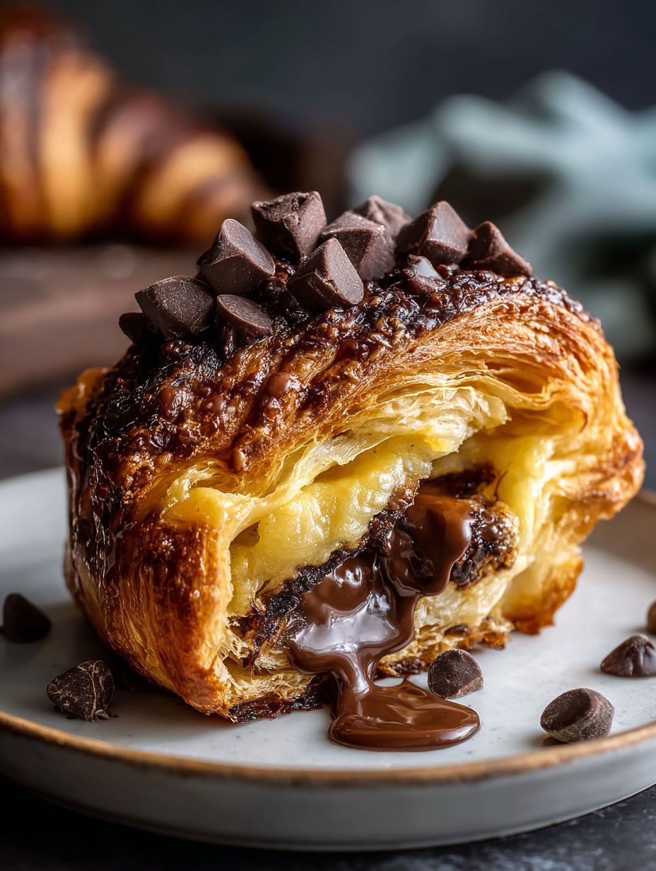 A chocolate croissant with chocolate drizzled on top.