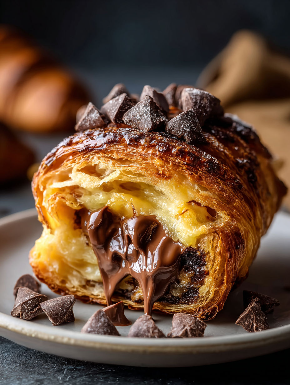 A chocolate croissant with chocolate drizzled on top.