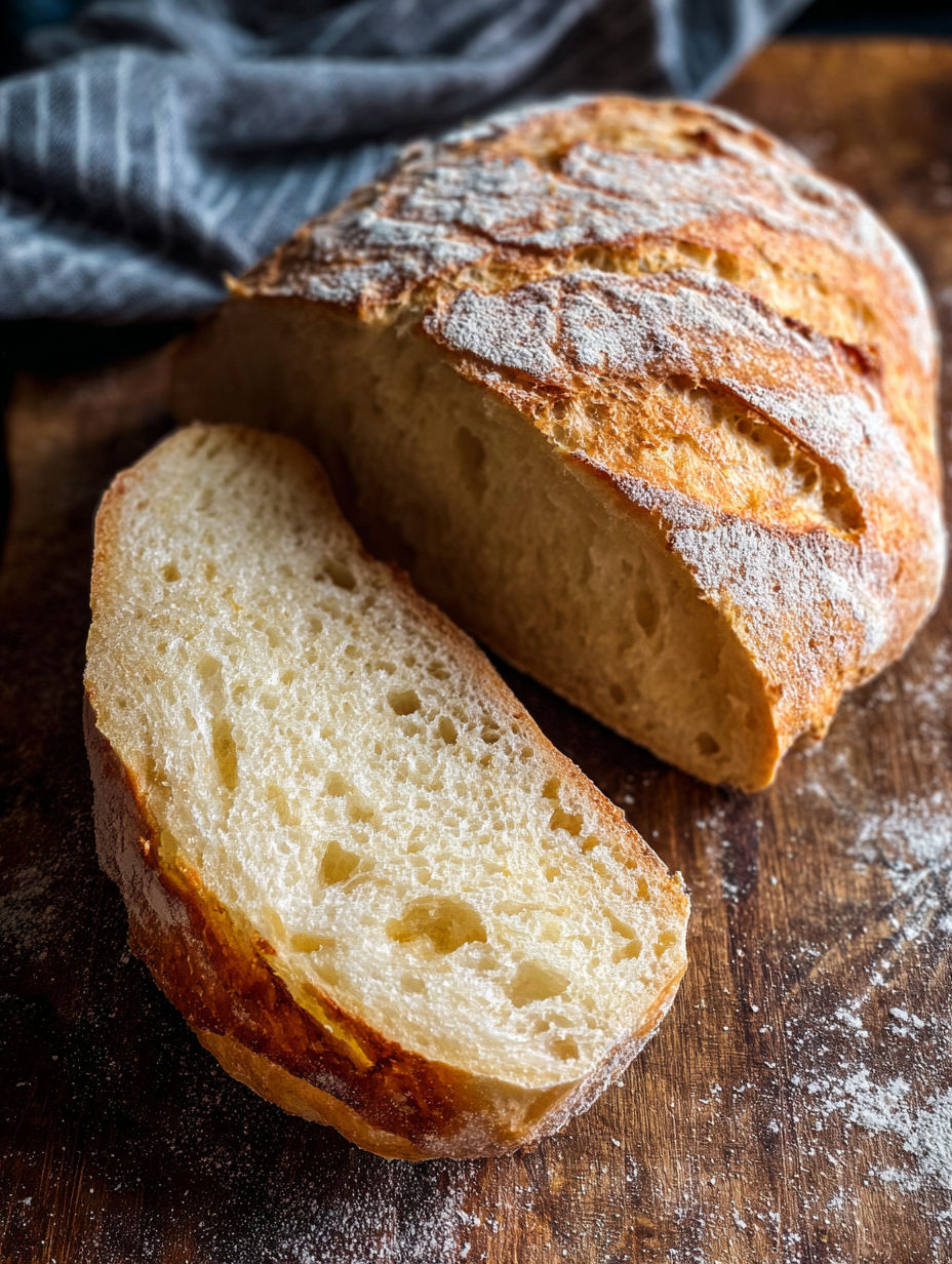 A rustic French bread is cut in half and placed on a table.