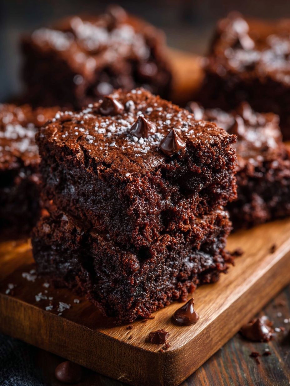 A close up of a chocolate cake with chocolate chips.