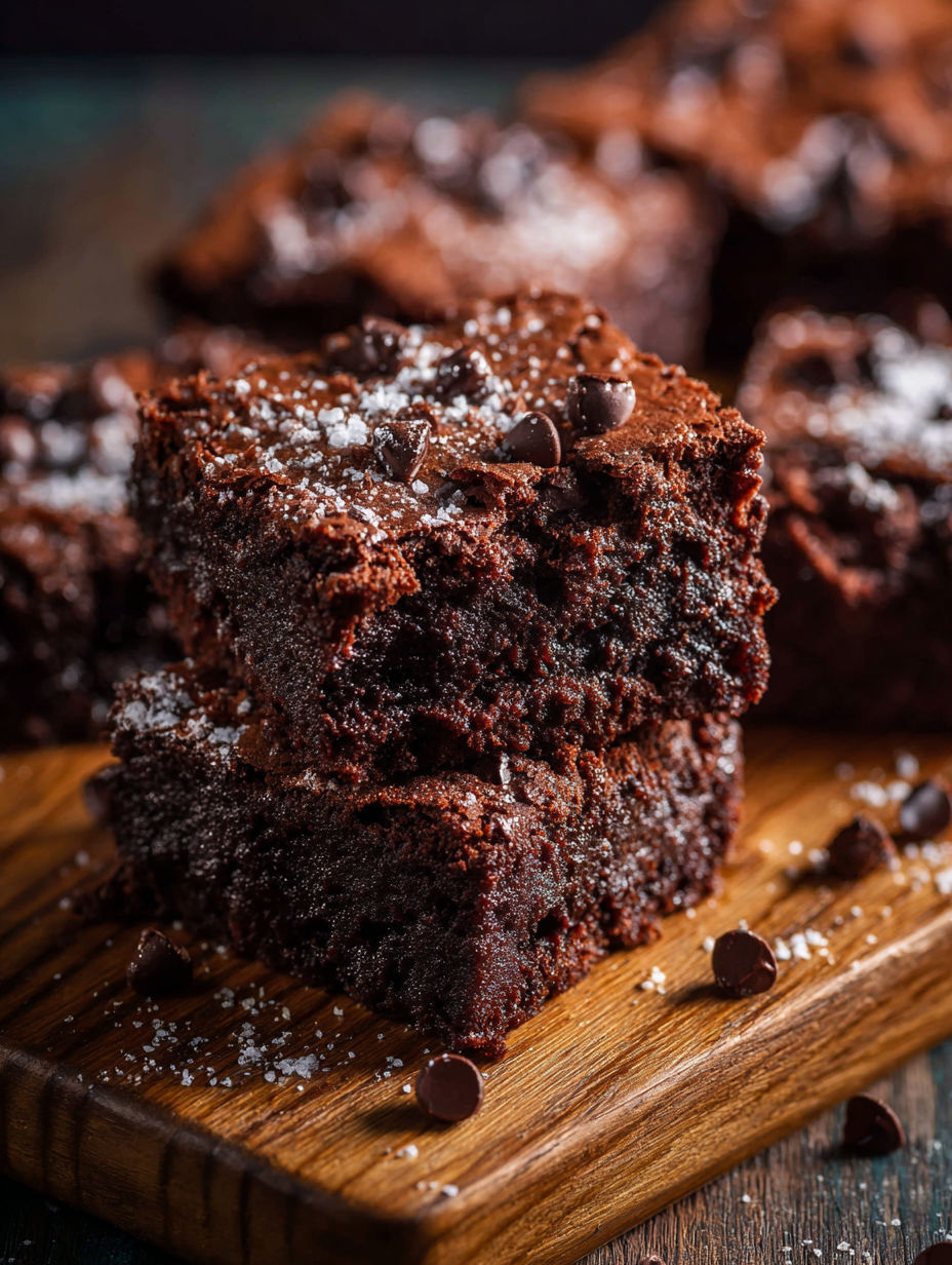 A close up of a chocolate brownie with chocolate chips.